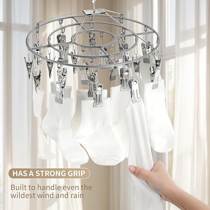 PHYDELU Drying Rack Clothing with 24 Clips，Sock Hanger for Drying，Hanging Clothes Dryer Underwear Hangers Racks Laundry Herb Socks Panty Wet Bra Lingerie Baby Delicates Foldable Small Indoor Metal
