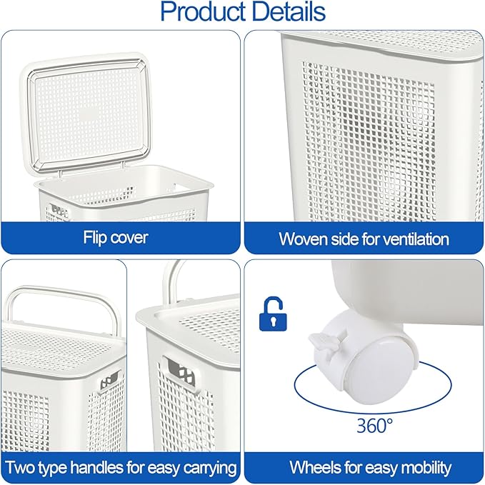 4 Packs 65 Liters Laundry Hamper Baskets with Lids and Wheels, Large Plastic Clothes Baskets