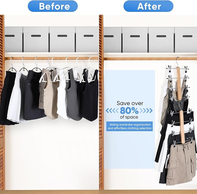 VANZAVANZU Pants Hangers with Clips, Space-Saving 4-Tier Skirt Hangers, 360° Swivel Pant Hangers with Movable Clips, Stainless Steel & Wood Clothes Hangers, for Dorm Rooms & Apartments, 2-Pack