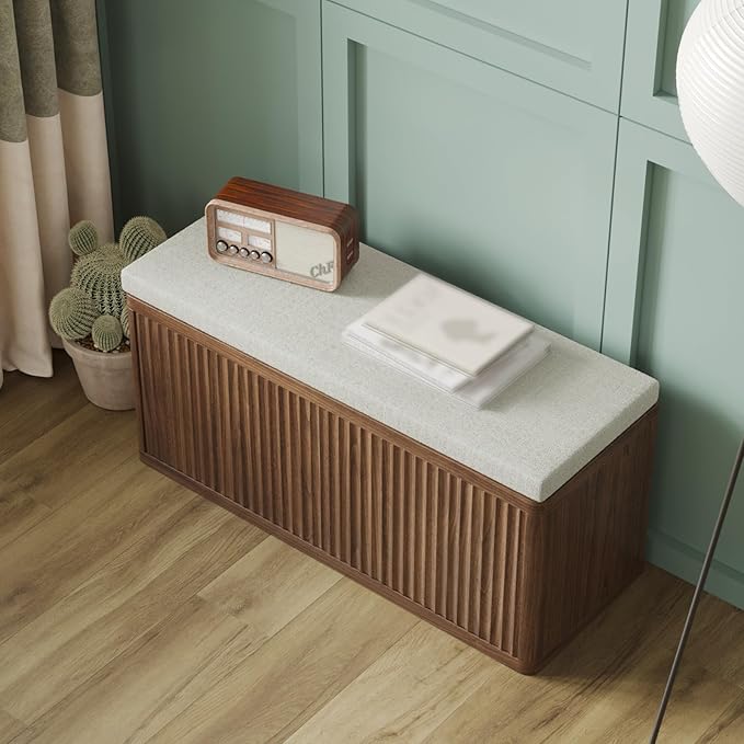 Double Layered Shoe Cabinet with Bench,Wooden Shoe Bench with Soft Cushion,Double Door without Handle Pressing Spring,Fluted Panel,Suitable for Entrance,Corridor and Living Room (Shoe Bench-Walnut)