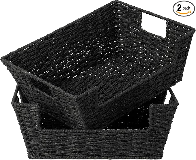StorageWorks Wicker Storage Basket, Pantry Organizers and Storage, Stackable Storage Baskets for Shelves, Paper Rope Baskets for Organizing, Black