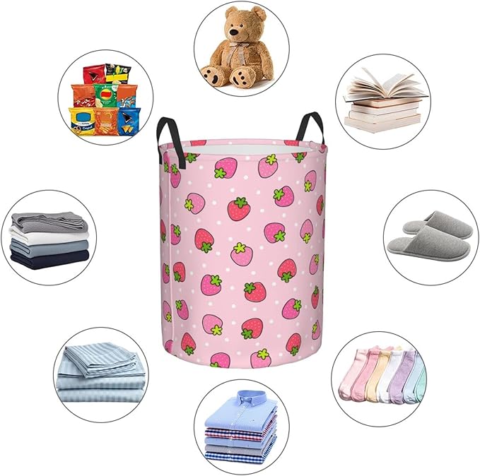 Dujiea Pink Strawberry Laundry Basket Round with Handle, Collapsible Foldable Canvas Storage Bin Dirty Clothes Bag for Laundry/Toys Organizer/College Dorm/Nursery/Decor(2 Sizes)