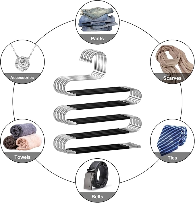 Pants Hangers Space Saving,4 Pack Stainless Steel Non-Slip Hangers for Pants,Multiple S-Shaped Closet Storage Organizer Hanger for Pants Jeans Scarf Towels Leggings
