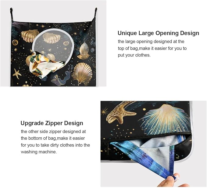 Shell Starfish Black Hanging Laundry Hamper Door Hampers Bag Basket with Stainless Steel Hooks Oxford Fabric Printing Decorative Clothes Bags 29.5X20inch 1Pack