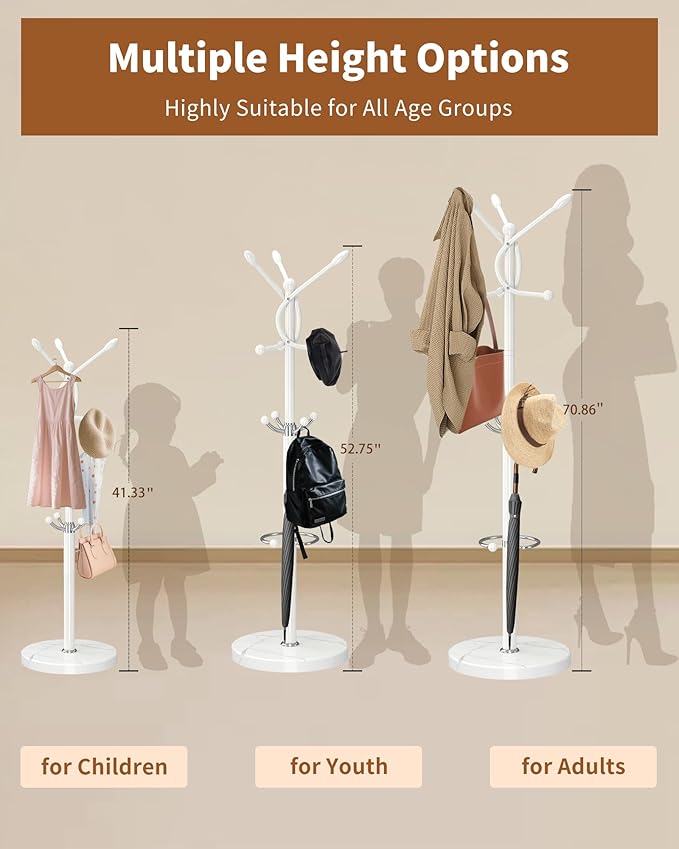 Metal Coat Rack with Natural Marble Base, Coat Rack Stand with 12 Hooks & Umbrella Holder, White Modern Freestanging Coat Racks, Coat Jacket Hanger Tree Stand for Corner Entryway Office