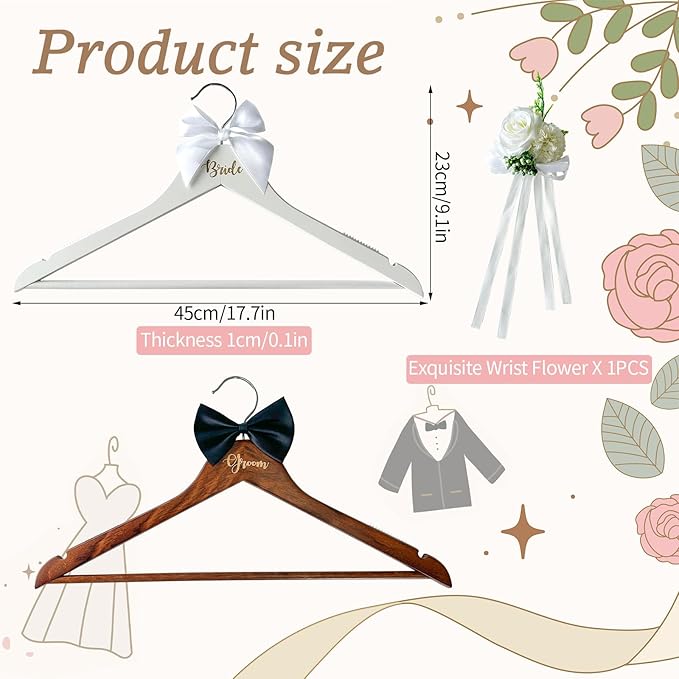 Groom Bride Hanger for Wedding Dress or Suit - 2 Pack Wedding Hangers Gifts Accessories - Bridal Hanger with Bow Tie & Exquisite Wrist Flower for Bridal Party