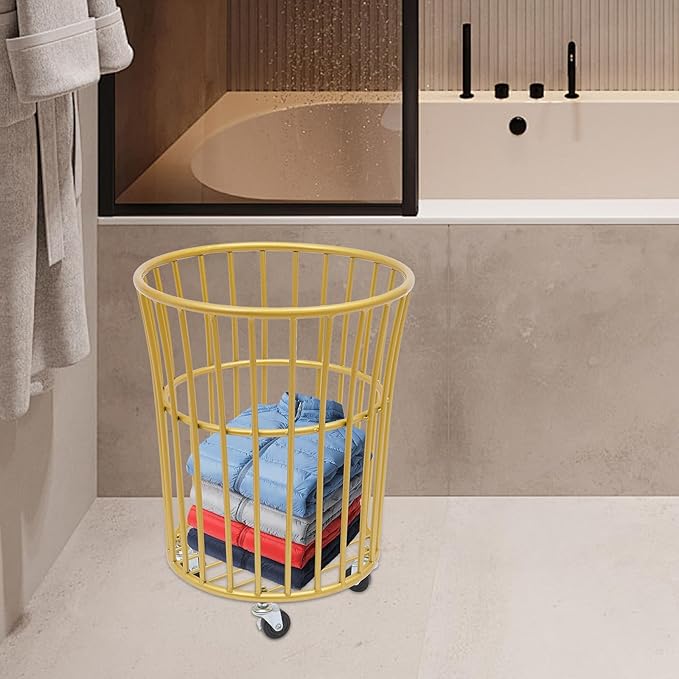 Metal Laundry Basket, Rolling Laundry Hamper with Wheels, Round Mesh Iron Basket Storage Clothes Organizer with Locking Casters for Laundry Room Bathroom Bedroom Closet Dorm (Gold)