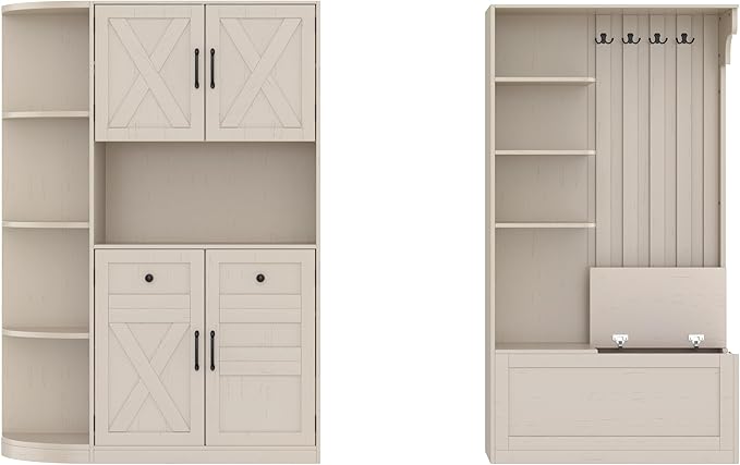 66" H Hall Tree with 4 Hooks, Open Shelving and Flip Hidden Shelf, Multifunctional Left-Right Combination Coat Rack (can be Used Separately), Entryway Bench for Living Room, Hallway (Beige/35)