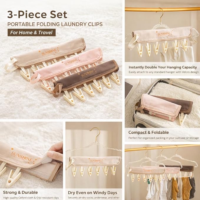 FOLAI 3-Pack Portable Fabric Products Travel Hangers Foldable Suitcase Clothespin Small Clothes pin Rack with 6 Clips（Starry Sky Design）