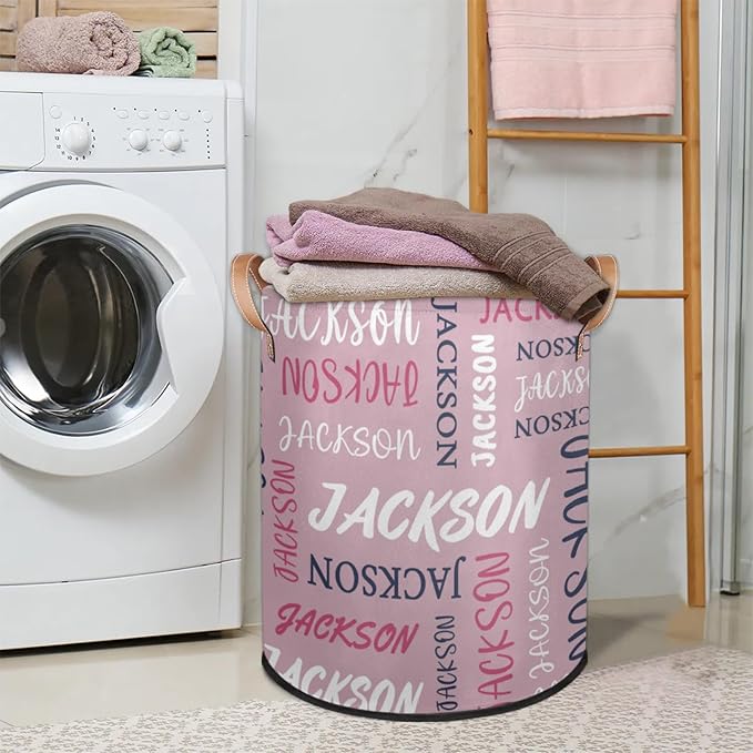 Custom Name Large Laundry-Basket for Kids-Boys-Girls, Personalized Foldable Waterproof Laundry Hamper Dirty Clothes Toys Storage Bin with Handles,Pink 2