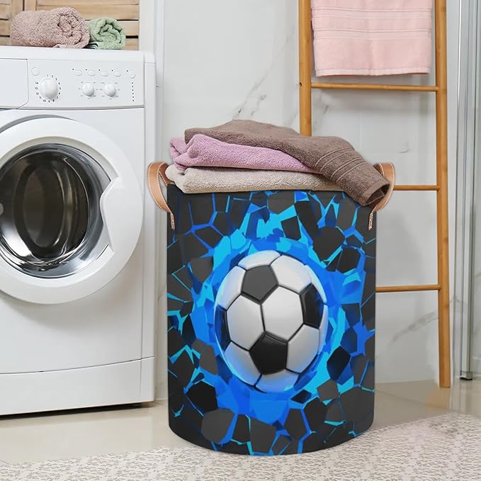Sport Football Large Laundry Basket - Blue Soccer Kids Laundry Hamper with Handles - Collapsible Dirty Clothes Organizer Boys Toy Storage Bin Nursery Hamper for Bedroom Bathroom Decor