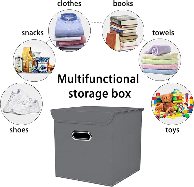 Closet Organizers Fabric Storage Bins With Lids Collapsible Cube Storage Organizer Basket With Handles,Storage Boxes for Clothes Storage,Office,Laundry,Shelves,8 Pack,（Grey）