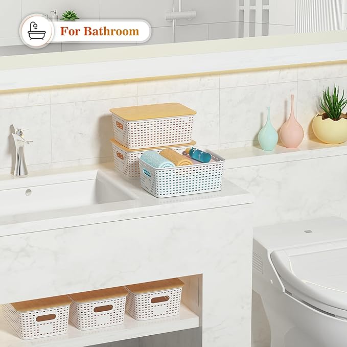 Plastic Storage Baskets With Bamboo Lid - Plastic Storage Containers Stackable Storage bins: Storage Baskets for Organizing Shelves Drawers Desktop Closet Playroom Classroom Office, 6 Pack