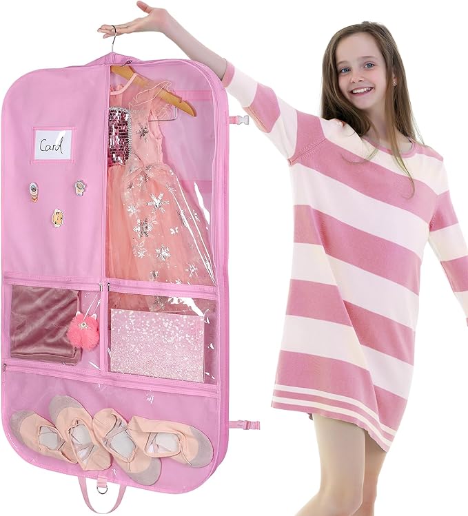 Univivi 2-Pack Dance Costume Garment Bag, 40" Dance Costume Bag for Hanging Storage, kids garment bags with 3 Clear Zippered Medium Pockets and 2 Back Zippered Pockets and 1 xPendant, 3 x Badge (Pink)