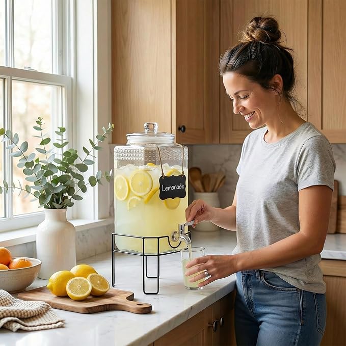 1.5 Gallon Glass Drink Dispenser, Drink Dispensers for Parties, Beverage Dispenser with Stand and Glass Lid, 100% Leakproof Spigot, Ideal for Lemonade, Juice, Iced Tea, Laundry Detergent