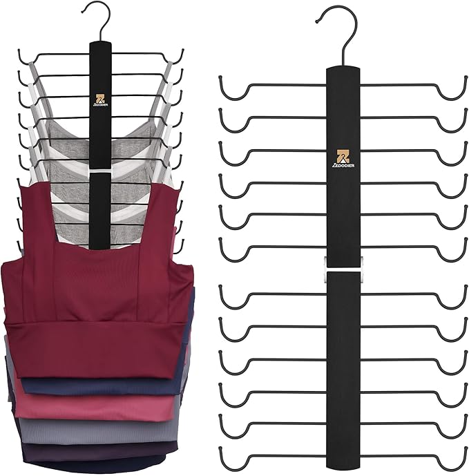 ZEDODIER Tank Top Hanger，2 Pack Wooden Bra Organizer for Closet, 12 Storage Capacity, Top 360° Rotation, Hanging Space Saving Hook for Tank Tops, Sport Bras, Camisoles, Lingeries, Black
