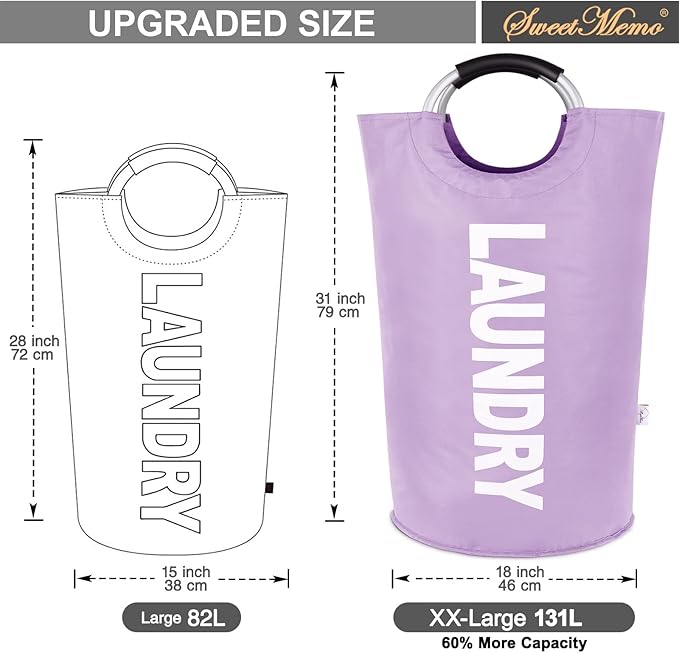 Large Laundry Basket Collapsible，Freestanding Clothes Hamper Bag with Handles – Tall Folding Dirty Laundry Bin，Sturdy Laundry Sorter for College Dorm，Laundry Room – 130L (Purple)
