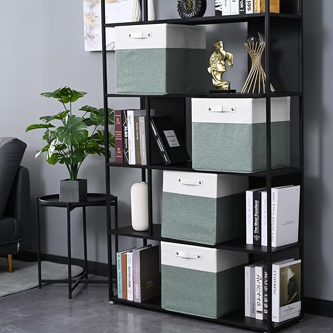 13 x 13 Inch Fine Linen Storage Bins with Handles，Fabric Cube Boxs，Basket Organizers for Shelves for Home, Closet Drawers (White/Green-4 Pack )
