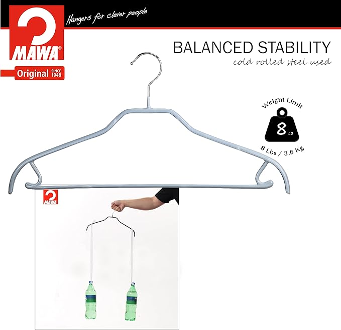Mawa by Reston Lloyd Silhouette Series Non-Slip Space Saving Clothes Hanger with Bar & Hook for Pants and Skirts, Style 41/FRS, Set of 12, Silver