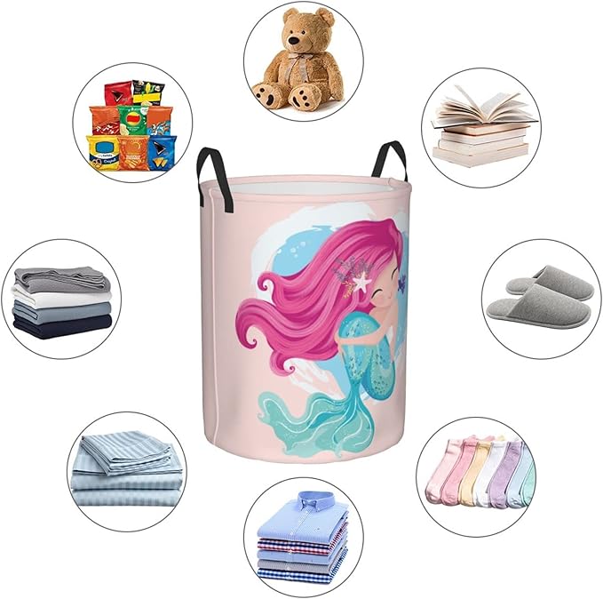 Dujiea Mermaid Girl Laundry Basket Round with Handle, Collapsible Foldable Canvas Storage Bin Dirty Clothes Bag for Laundry/Toys Organizer/College Dorm/Nursery/Decor(2 Sizes)