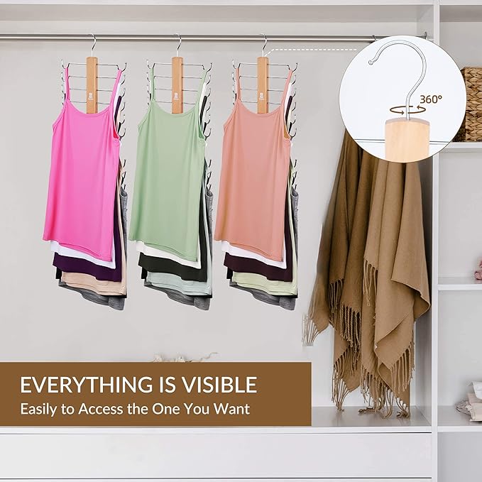 ZEDODIER Tank Top Hanger，2 Pack Wooden Bra Organizer for Closet, Maximum 12 Storage Capacity, Top 360° Rotation, Hanging Space Saving Hook for Tank Tops, Sport Bras, Camisoles, Lingeries