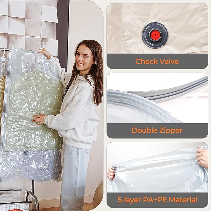 Hanging Vacuum Storage Bags 4 Pack Hanging Vacuum Seal Bags for Clothing Coat Storage Suit Bags, Hanging Plastic Clothes Cover for Coat Dress Fur Shirt Vacbird