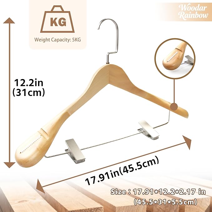 Luxury Wide Shoulder Wooden Coat Hangers with Pants Bar, Clips, Solid Wood Jacket Clothes Hangers Smooth Finish for Sweater Suit Dress Pants Sport Coats (Natural, 6 Pack)