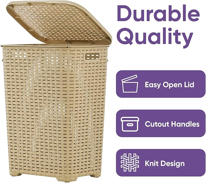 Plastic Laundry Hamper with Lid 3 Pack Laundry Hamper Basket, Beige Tall Cloths Hamper Organizer with Cut-out Handles. Space Saving for Laundry Room Bedroom Bathroom, Wicker Design 60 Liter