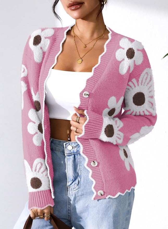 Pink Queen Fuzzy Sweater Cardigan for Women 2025 Fashion Long Sleeve Flower Outerwear Button Down Open Front Cardigan Coat