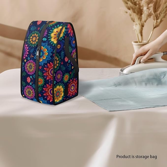Blue Boho Mandala Print Steam Iron Case Portable Travel Iron Organizer Handheld Steamer Holder with Handle Waterproof Travel Accessories, Case Only
