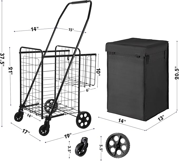 Folding Shopping Cart with Waterproof Liner, Grocery Cart Large Bag with Top Cover, 200 Lb Capacity, Utility Cart with 360° Rolling Swivel Wheels, Medium & Extra Basket