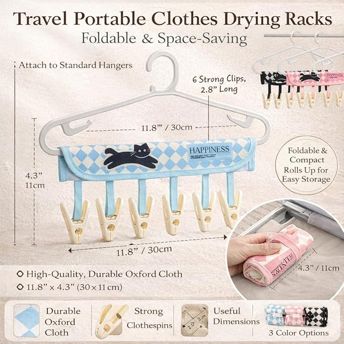 FOLAI 3-Pack Portable Fabric Products Travel Hangers Foldable Suitcase Clothespin Small Clothes pin Rack with 6 Clips（Cat-Themed）