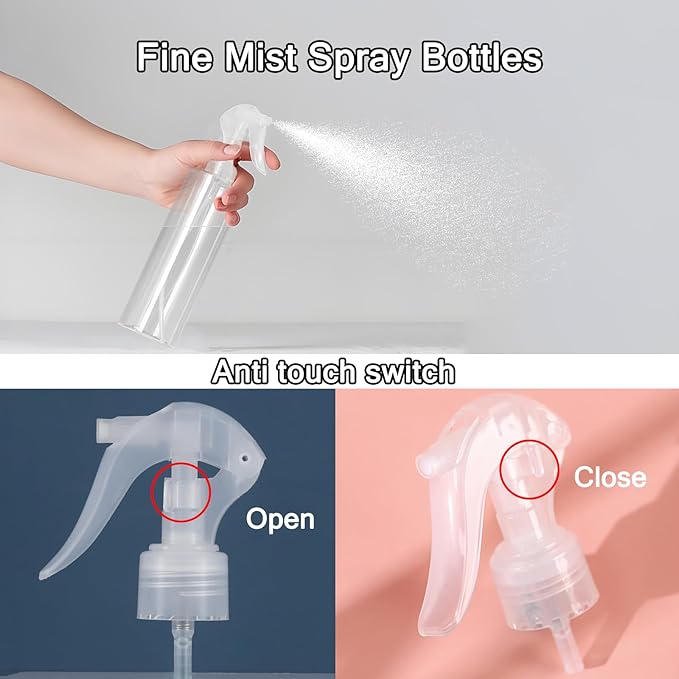 3 Pack 10 oz/300ml Plastic Spray Bottles, BPA-Free Empty Fine Mist Spray Bottles, Leak-Proof Safety Valve Sprayer for Hair, Plants, Cleaning & Pet Care