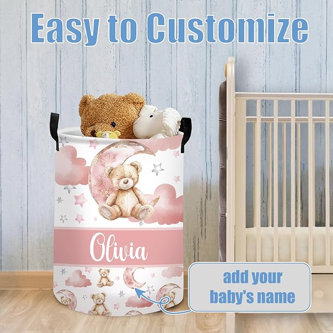 Personalized Name Baby Laundry Hamper for Nursery Boys Girl, Custom Bear Laundry Baskets for Toddler Kids Adults, Baby Name Laundry Hamper with Handles Personalized Gift