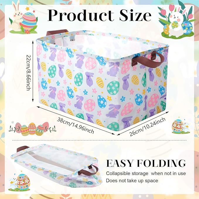 Vesici 6 Pack Large Easter Baskets for Gifts Empty Easter Storage Bins Foldable Bunny Rabbit Eggs Storage Basket Rectangular Canvas Boxes with Handle for Books Clothes
