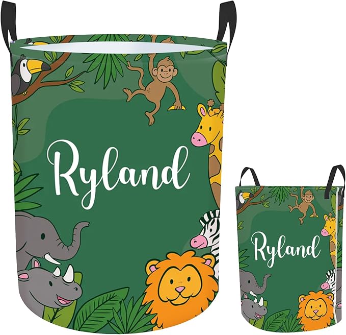 Personalized Baby Boys Laundry Basket with Name, Custom Name Safari Animals Laundry Hamper for Girls Adults, Customize Baby Dirty Clothes Basket with Name and Handles