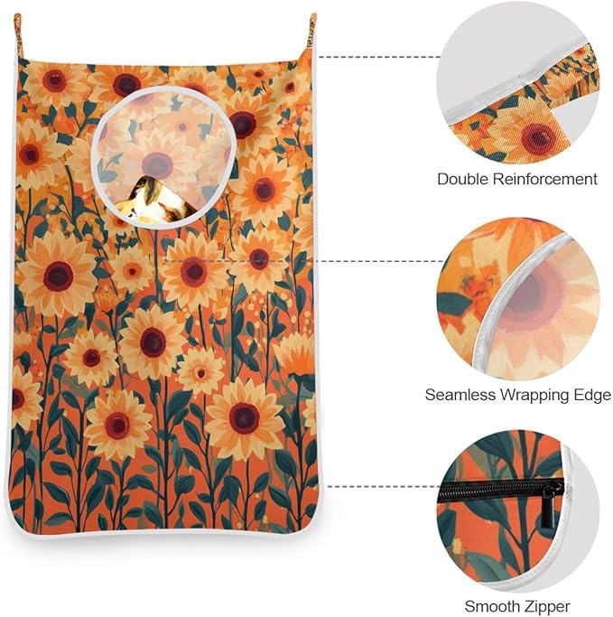 Orange Sunflowers and Poppy Flowers Door Hanging Laundry Hamper Bag with Free Adjustable Stainless Steel Hooks Dirty Clothes Hamper Extra Large Over the Door Laundry Hamper 29.5X20inch 1 PCS