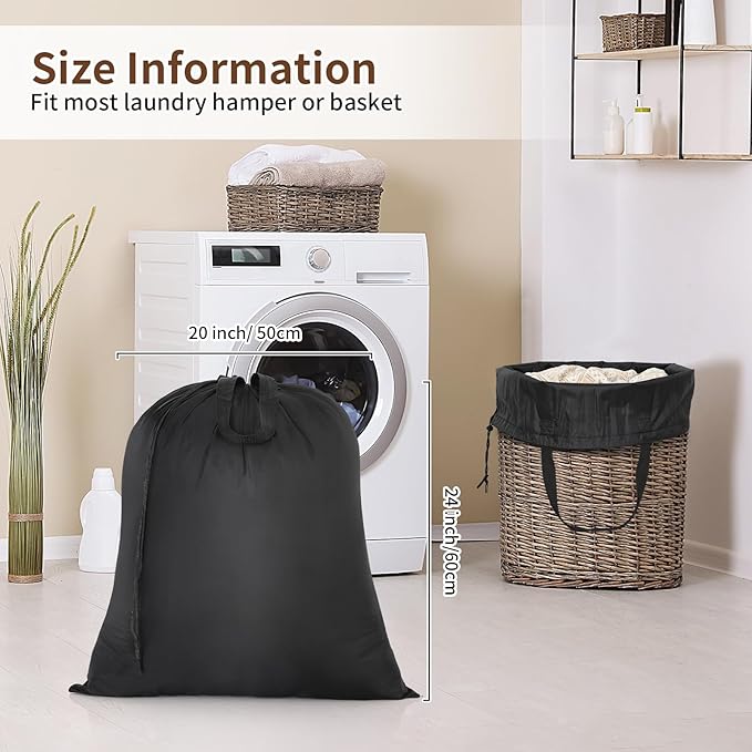 OTraki 2 Pack Washable Travel Laundry Bag 20x24 inch Heavy Duty Laundry Bags with Handles Dirty Clothes Drawstring Laundry Hamper Liner Bag Drying Do Not Exceed 176℉ Black