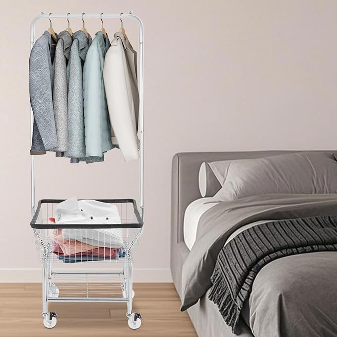 Laundry Cart,Steel Wire Laundry Cart,Laundry Basket With Wheels,Commercial Laundry Basket Cart Heavy Duty with Rod Rack 19.69x15.75x70.87in (E)