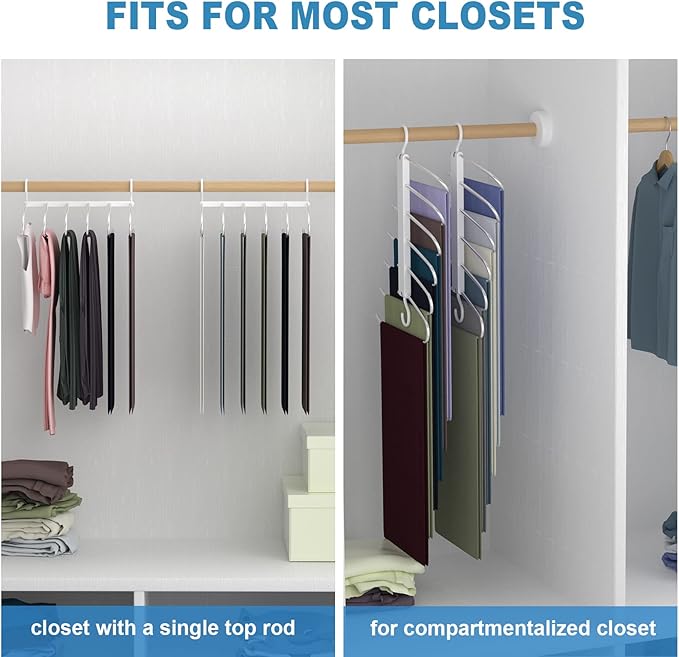 Magic Pants Hangers Space Saving - 6 Tier Stainless Steel Multi Hangers in One for Hanging Pants, Jeans,Trouser - No Slip Vertical Collapsible for Closet Organizer Saver for Men Women, 2 Pack