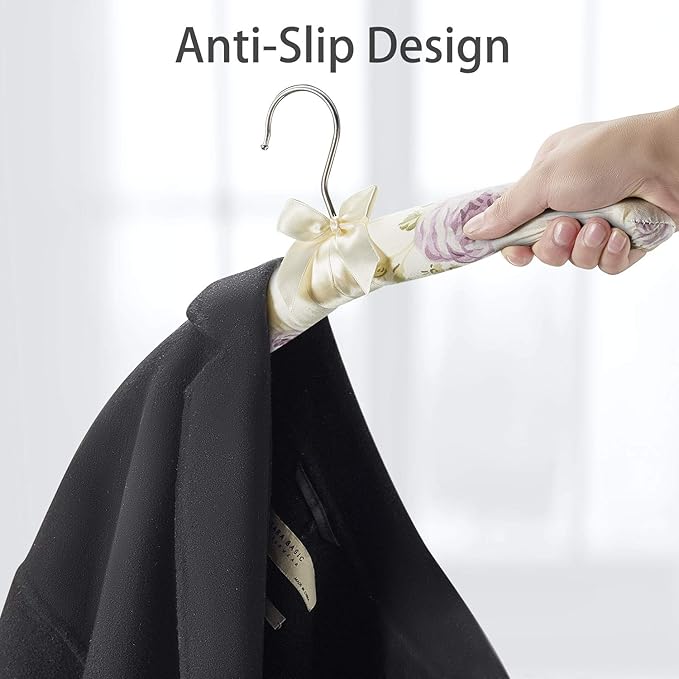 GLCON Satin Padded Hangers for Women Clothing - Floral Sweater Hangers No Bump - Padded Coat Hanger for Wedding - Thick Foam Silk Clothes Hanger for Adult (Pack of 5)