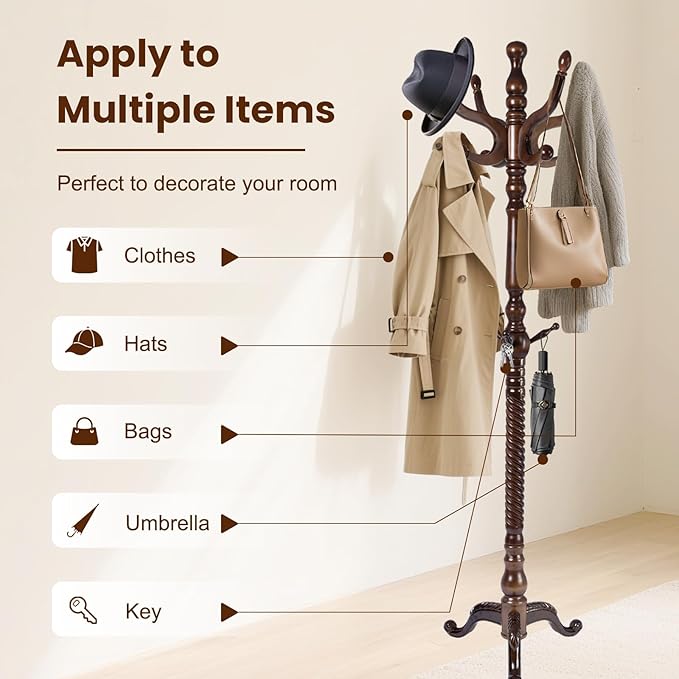 Freestanding Coat Rack with 11 Hooks, Sturdy Wooden Hall Tree for Entryway, Heavy-Duty Tri-Legged Base Hall Tree for Bags, Purses, Hats,Easy Assembly for Corner, Bedroom (T42 Triangle Brown)