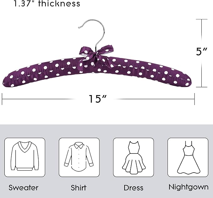 Women's Satin Padded Hangers - 15" Foam-Filled Wooden Clothes Hangers with No Shoulder Bumps, Bow Accent, for Sweaters, Blouses, Dresses - 5 Pack (Purple Polka Dot)