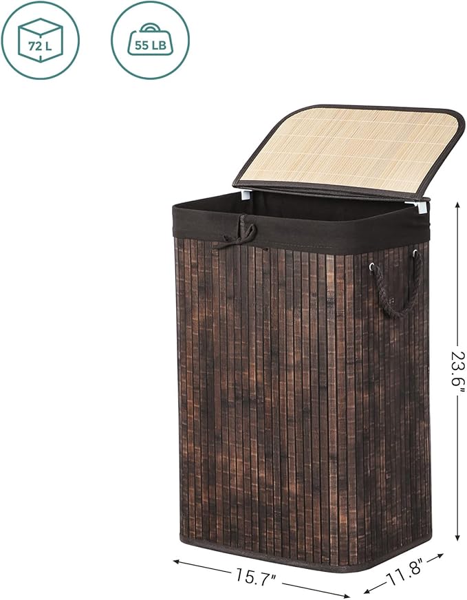 SONGMICS Laundry Hamper with Lid, Bamboo Laundry Basket with Liner Bag, Foldable Storage Hamper with Handles in Bedroom Closet Laundry, 72L, Rustic Brown ULCB10WN