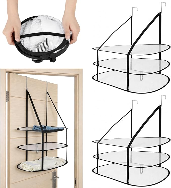 ZALIR 2 Pcs Over The Door Mesh Sweater Drying Rack Set - 3 Tier Lay Flat Sweater Drying Rack, Black Foldable Lay Flat Laundry Hanging Mesh Dryer with Door Hooks for Apartments, Dorms, Bathrooms