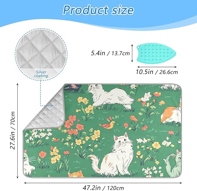 Ironing Mat &Pad Magnetic Heat Resistant Pads Portable Travel Ironing Blanket Ironing Board Covers 27.6x47.2Inches Green Spring Persian Cat and Hummingbird
