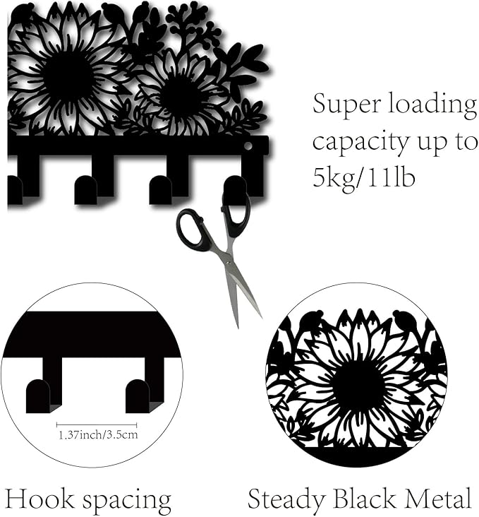 CREATCABIN Metal Sunflower Key Holder Rack Wall Mount Decorative Black Coat Organizer with 6 Hooks Flower Shaped Design Black Towel Hanger Rack Wall Art Decor for Entryway Room Bathroom 10.6x5 Inch