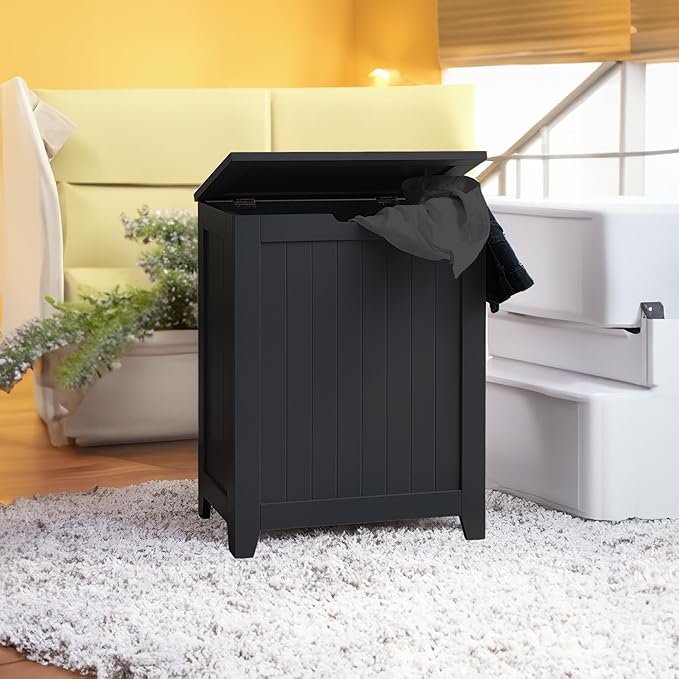 Redmon Clothes Hamper with Lid, Country Wainscot Style Freestanding Laundry Basket, Black