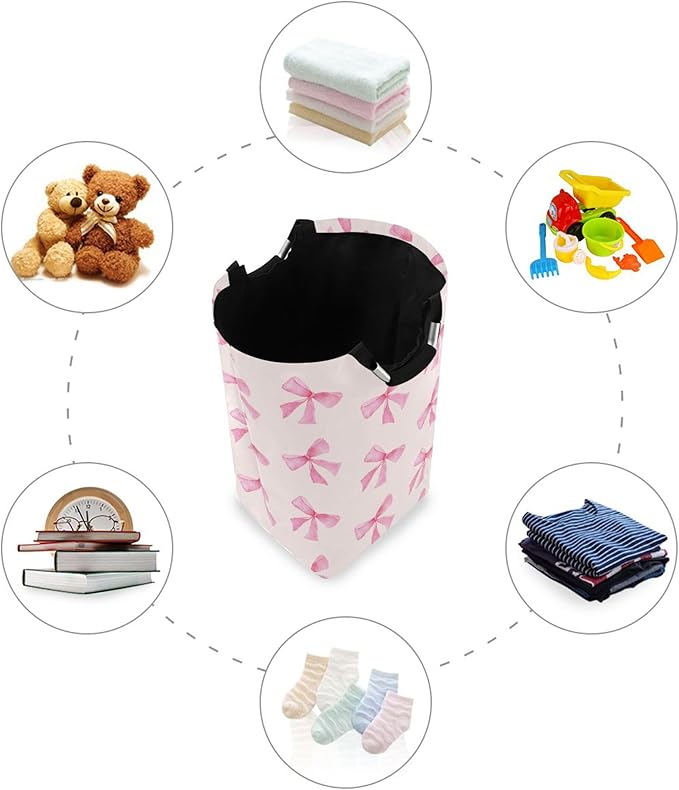 xigua Pink Bow Large Laundry Hamper with Handle, Foldable Clothes Hamper Collapsible Storage Basket for Toys and Clothes Organization in Bedroom, Bathroom, and Laundry Room