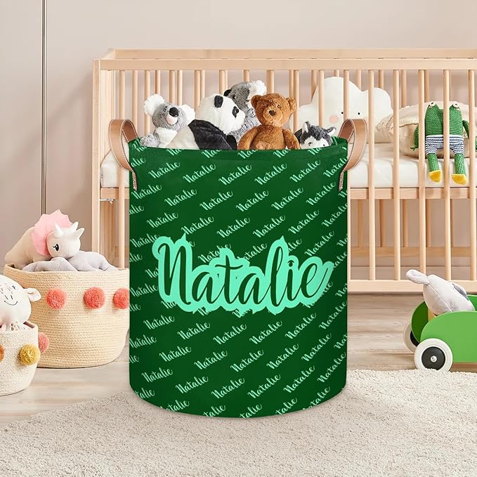 Personalized Laundry Basket, Custom Gift Laundry Hamper, Collapsible Nursery Waterproof Laundry Baskets, Dirty Clothes Toy Hamper with Handles Name Text Green